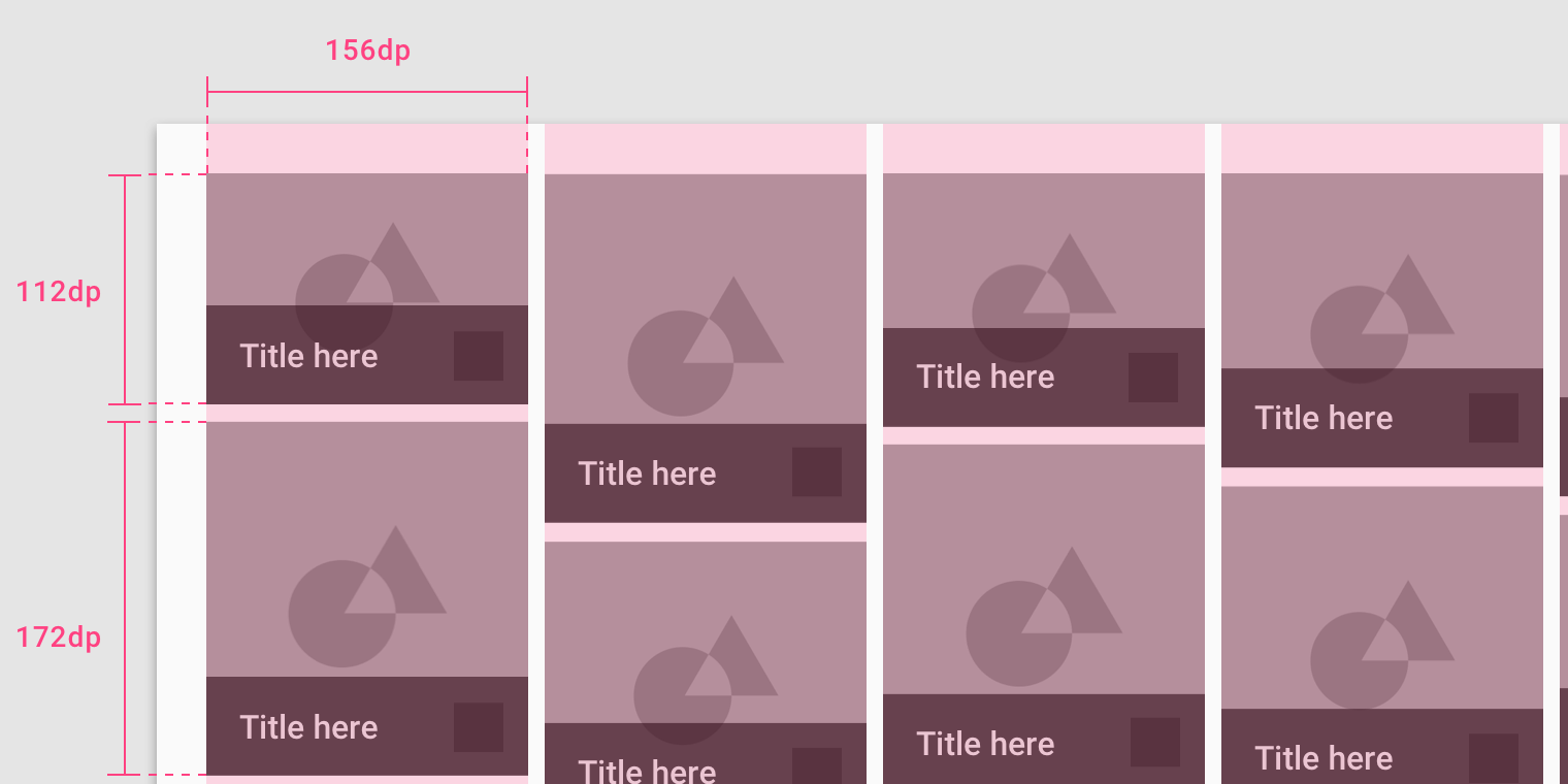 Image cards with various heights and widths showing flexibility; both are 156dp width though 112dp and 172 dp in height