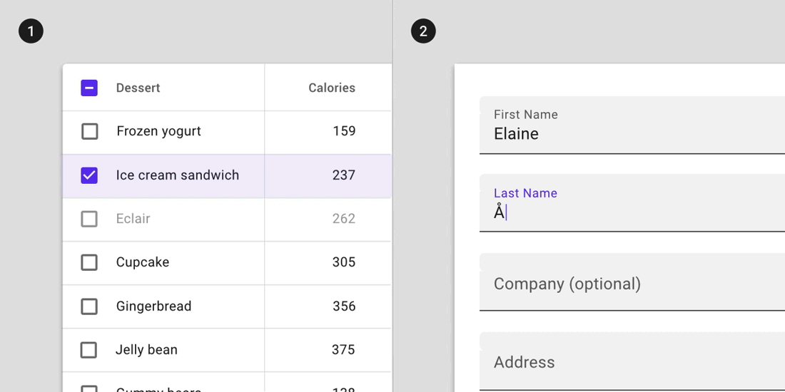 The data table of desserts and calorie count and the form contract and expand