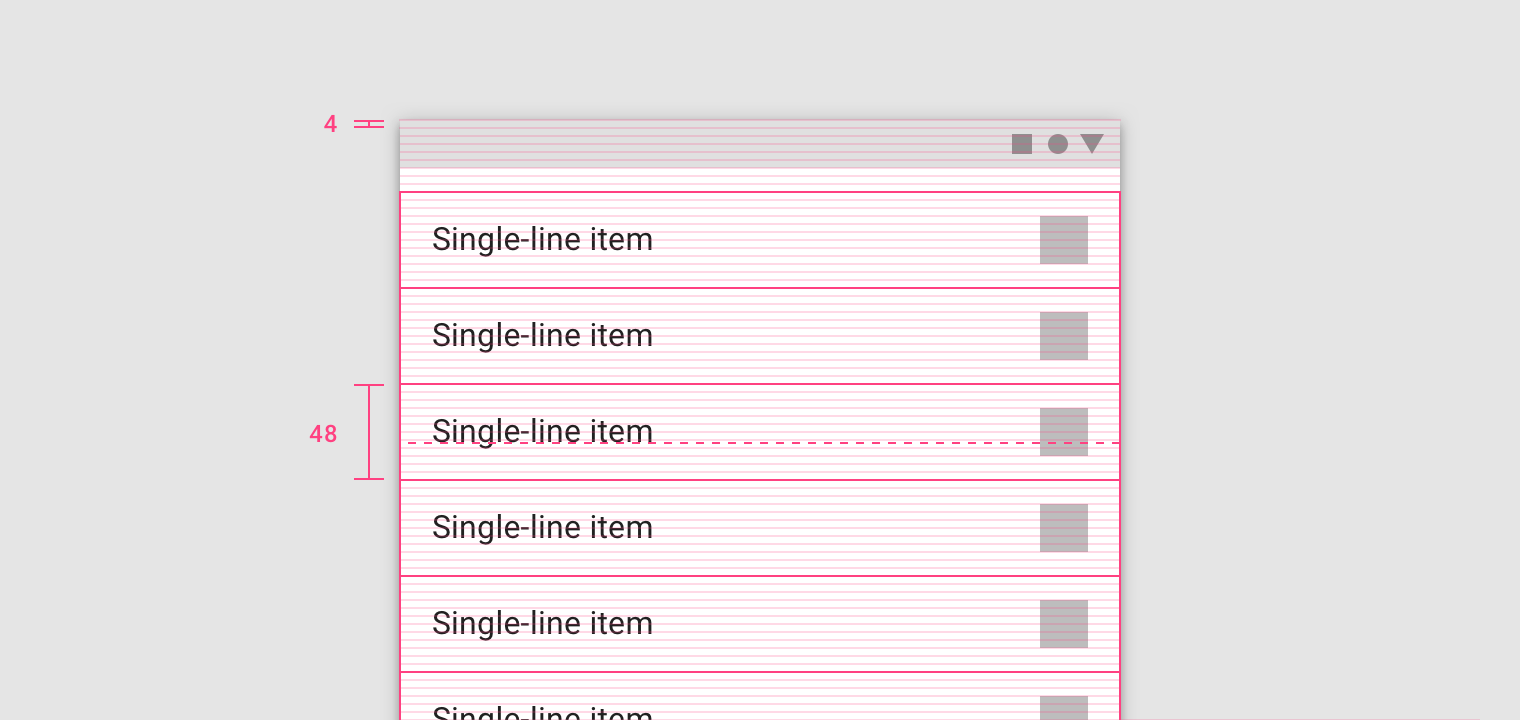 4dp baseline grid with list items and off-center vertical spacing of text within the list item component