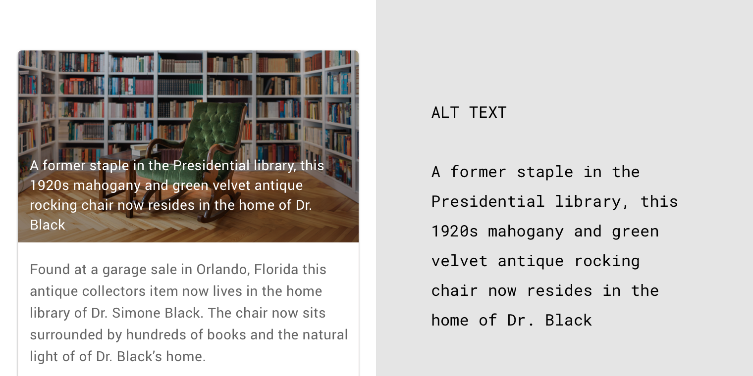 1920s antique rocking chair in Presidential library with embedded, adjacent, and alt text