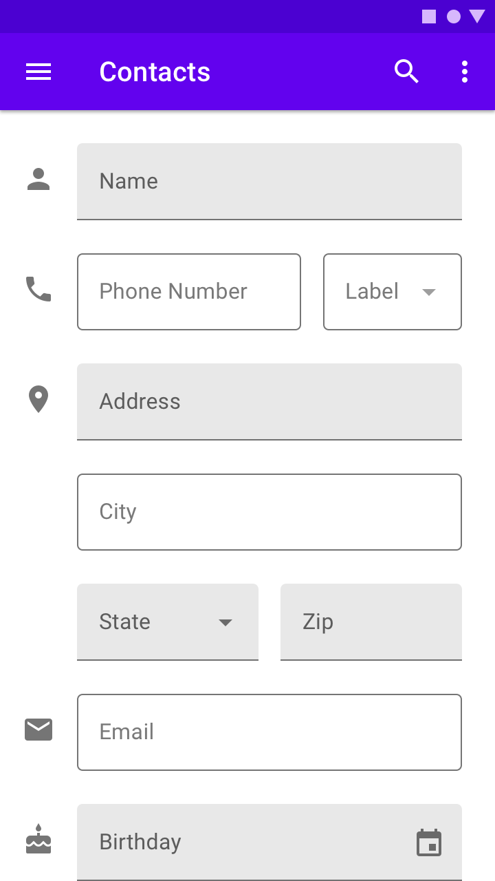 A mobile UI for a contact sheet and alternating styles of text fields in the same form