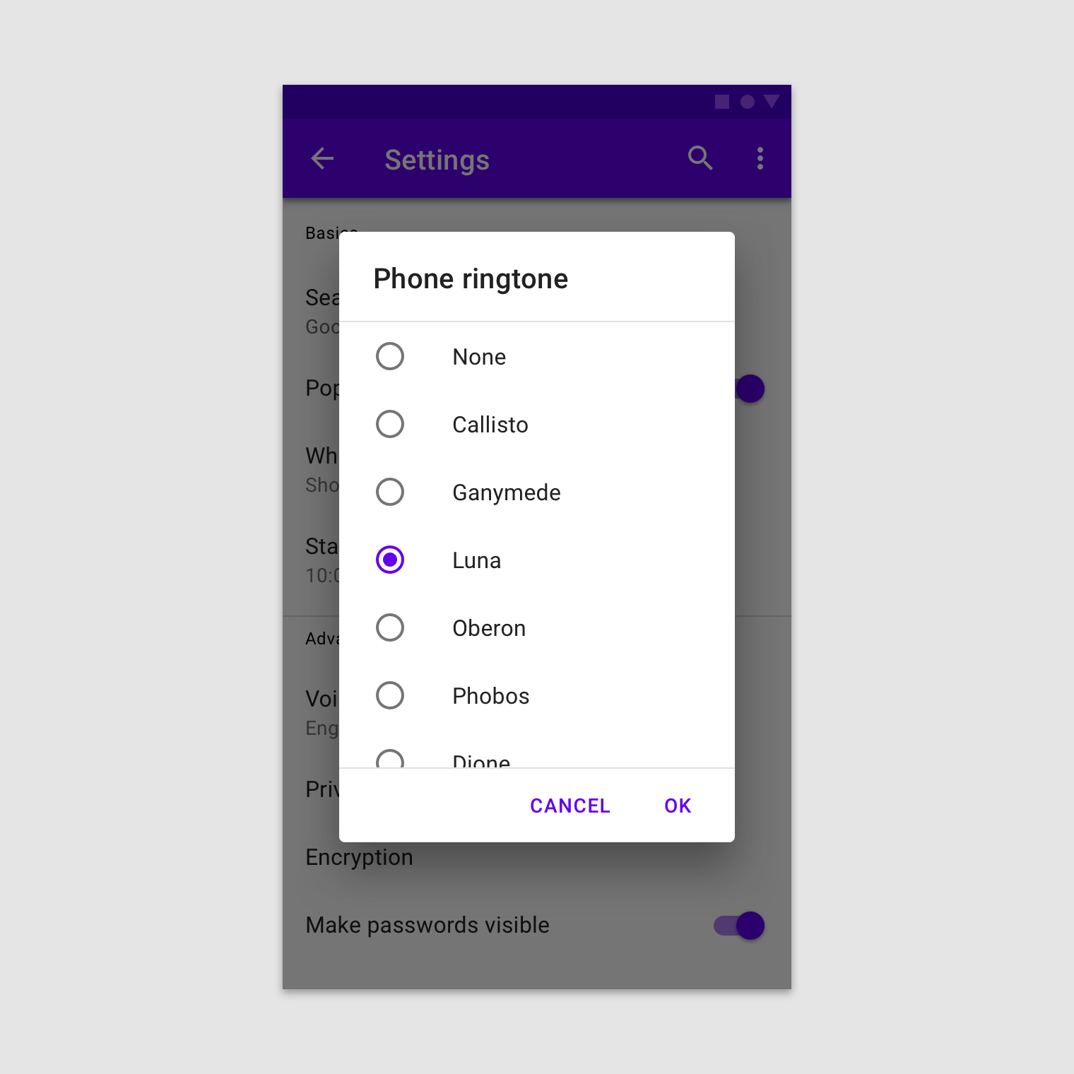 An example dialog that allows a user to choose a ringtone, followed by text buttons “Cancel” and “Ok”