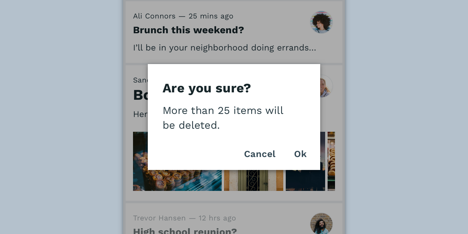 Customized dialog with square corners and Reply’s typography