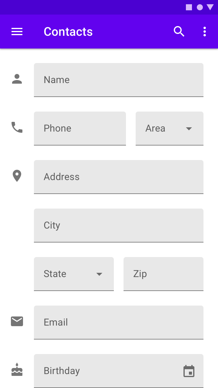 A mobile UI for a contacts app form with many filled text fields