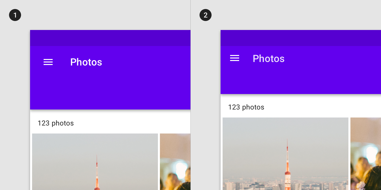 The prominent dense app bar’s height is shorter than the prominent top app bar in the photo app.