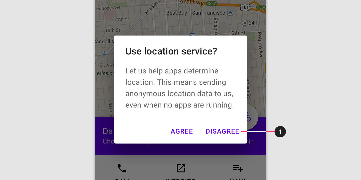 Dismissive text button is the right-most button, with the agree text button to its left