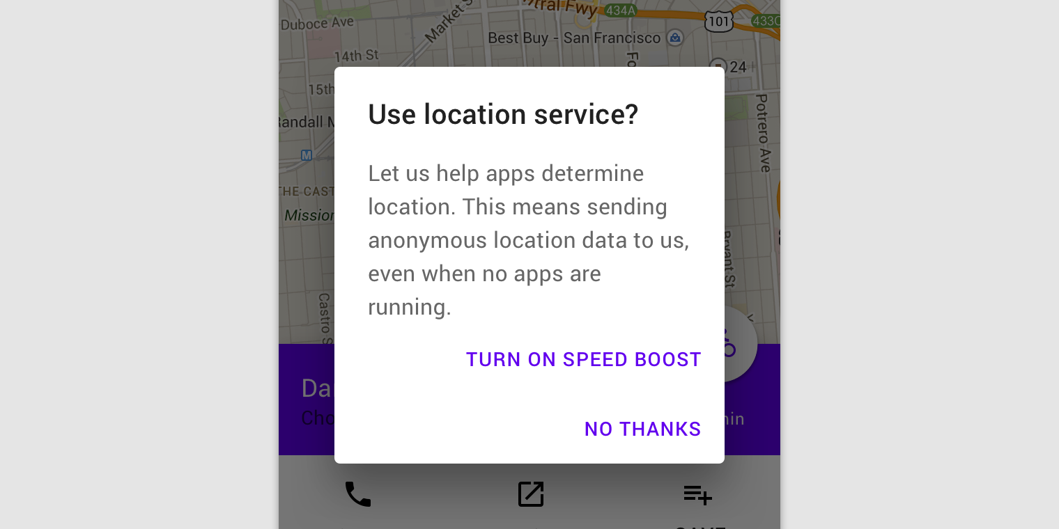An example dialog that shows two text buttons full width, right-aligned with one above the other