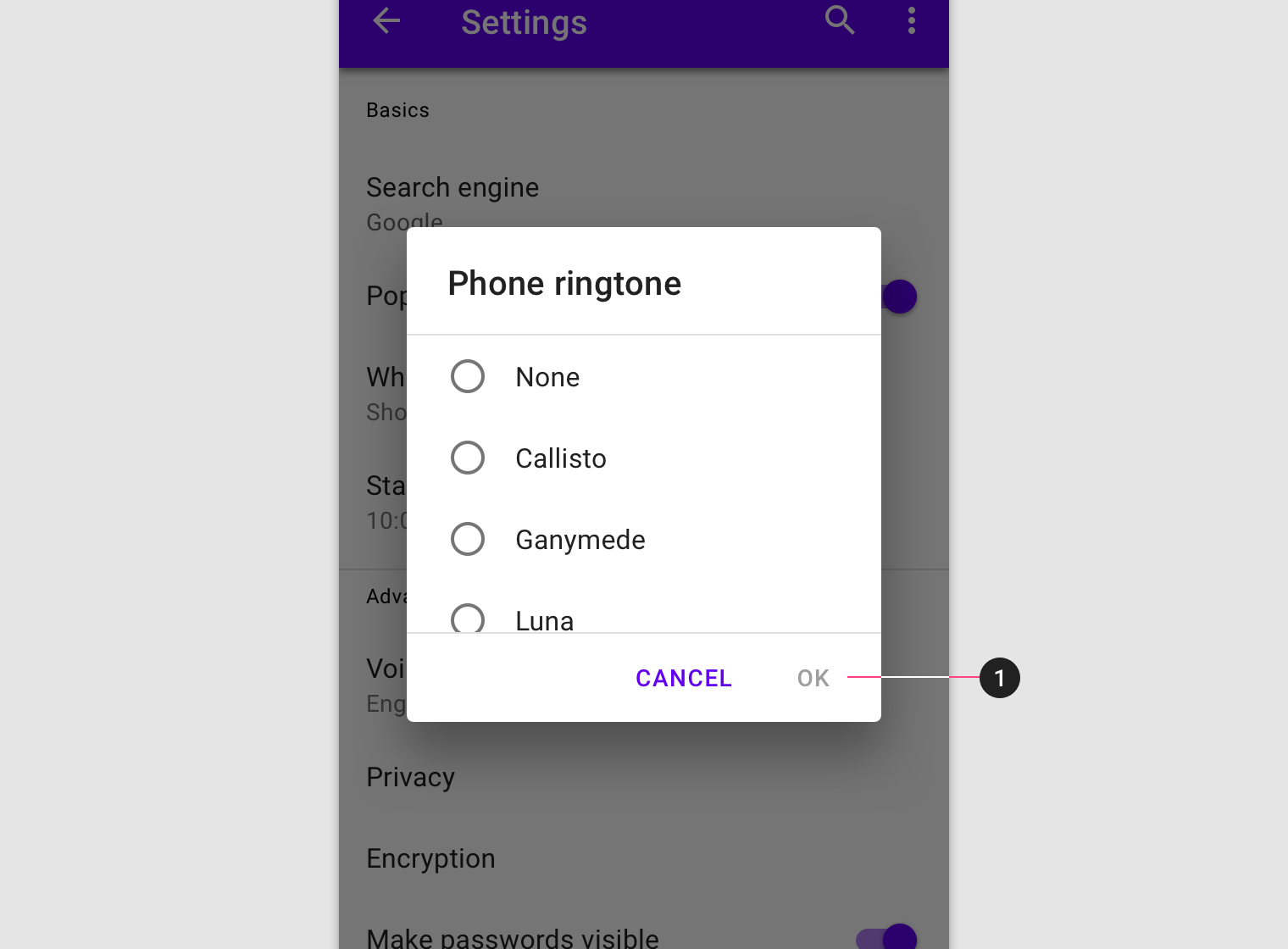 Dialog with the ok text button in a disabled state until the user makes a choice. The dismissive action is never disabled