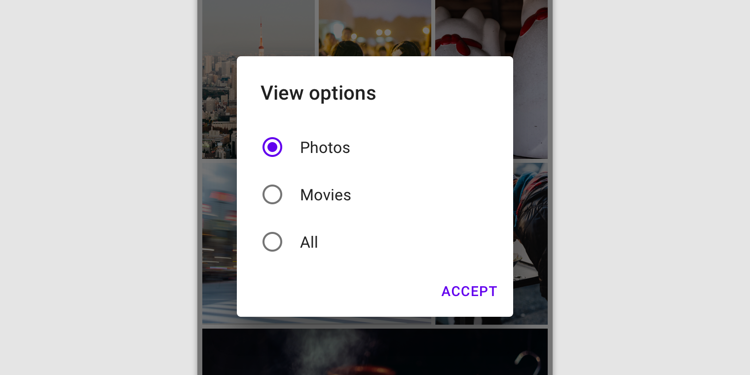 Simple dialog with title “View options” , radio buttons “Photos”, “Movies” and “All”. Text button “Accept” at bottom