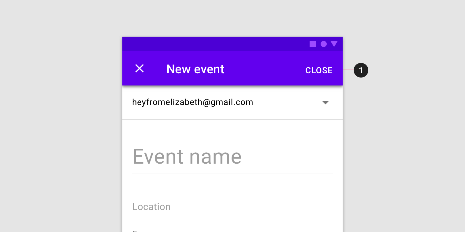 Full screen dialog for adding an event, with a “Close” button