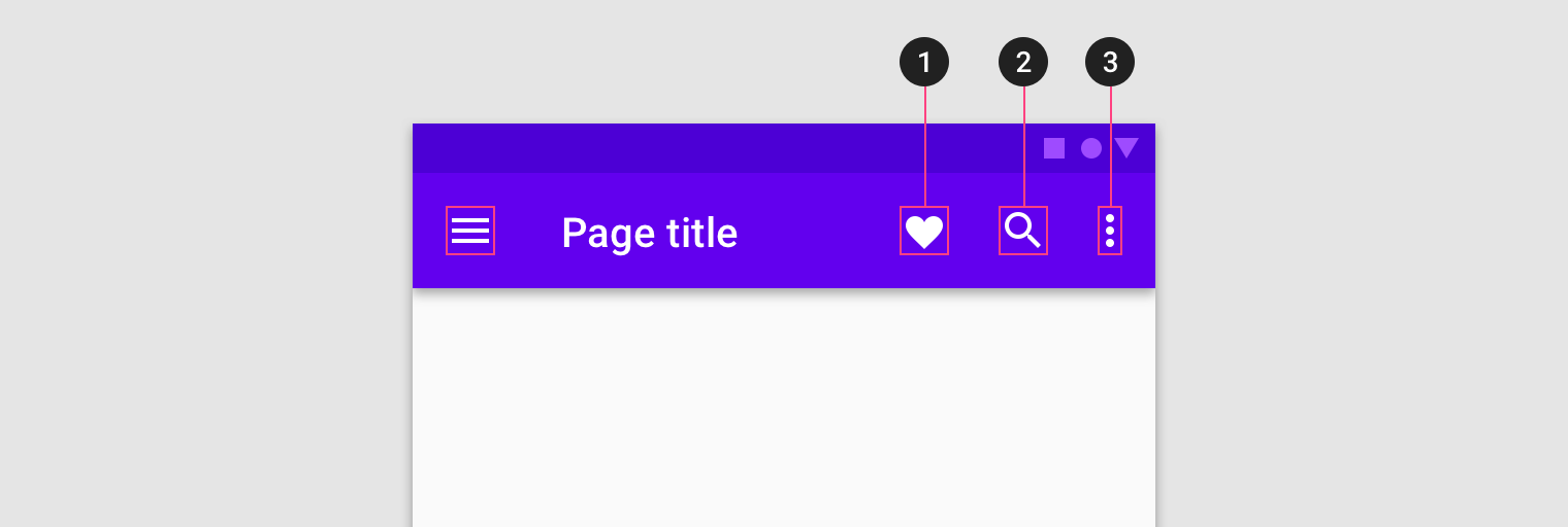 Top app bar with menu icon and page title on left, and favorite, search and overflow menu icons on right