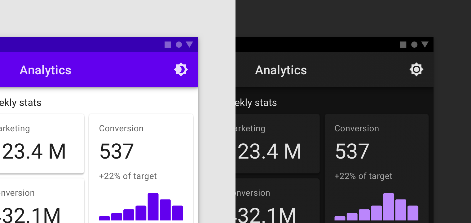 A light theme app screen next to a dark theme app screen with a toggle to switch between themes.