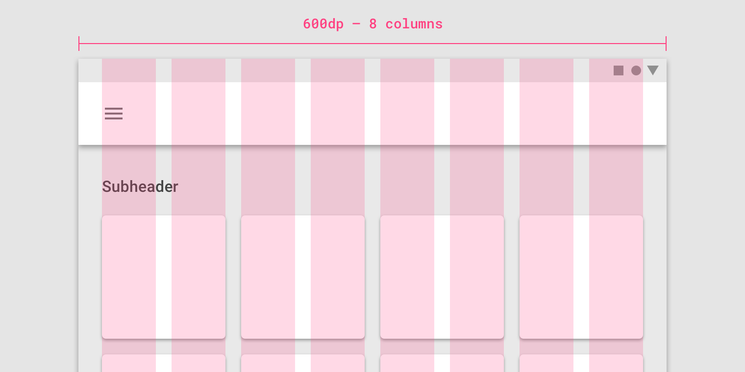 Overlay of 8 columns on 600 dp breakpoint app screen