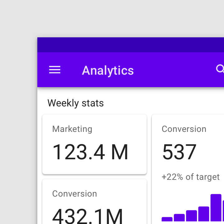 A light interface with a purple app bar and purple on-card color