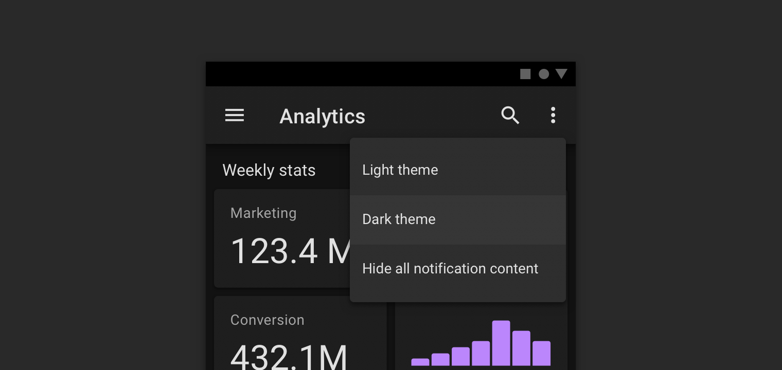 An open menu offering the options to choose a light or dark theme.