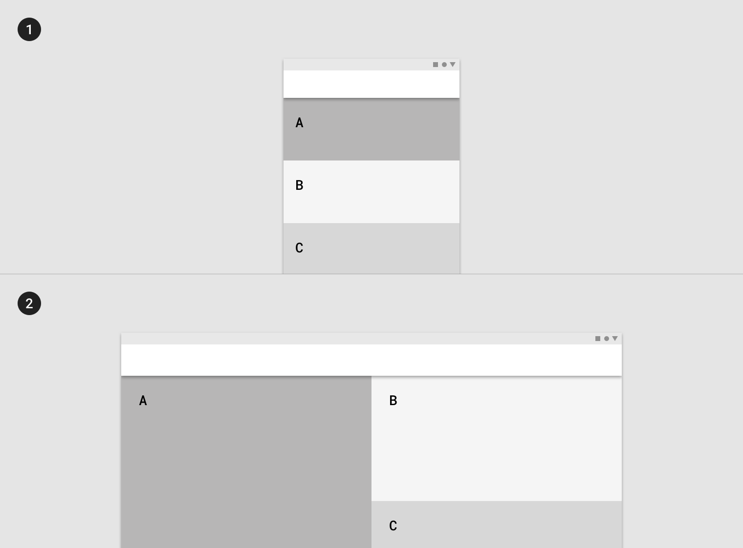 Single column with three elements on small screen, two columns with three elements on larger screen