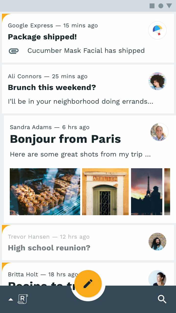 A list of items in an app with contrasting yellow details on the corner of each item