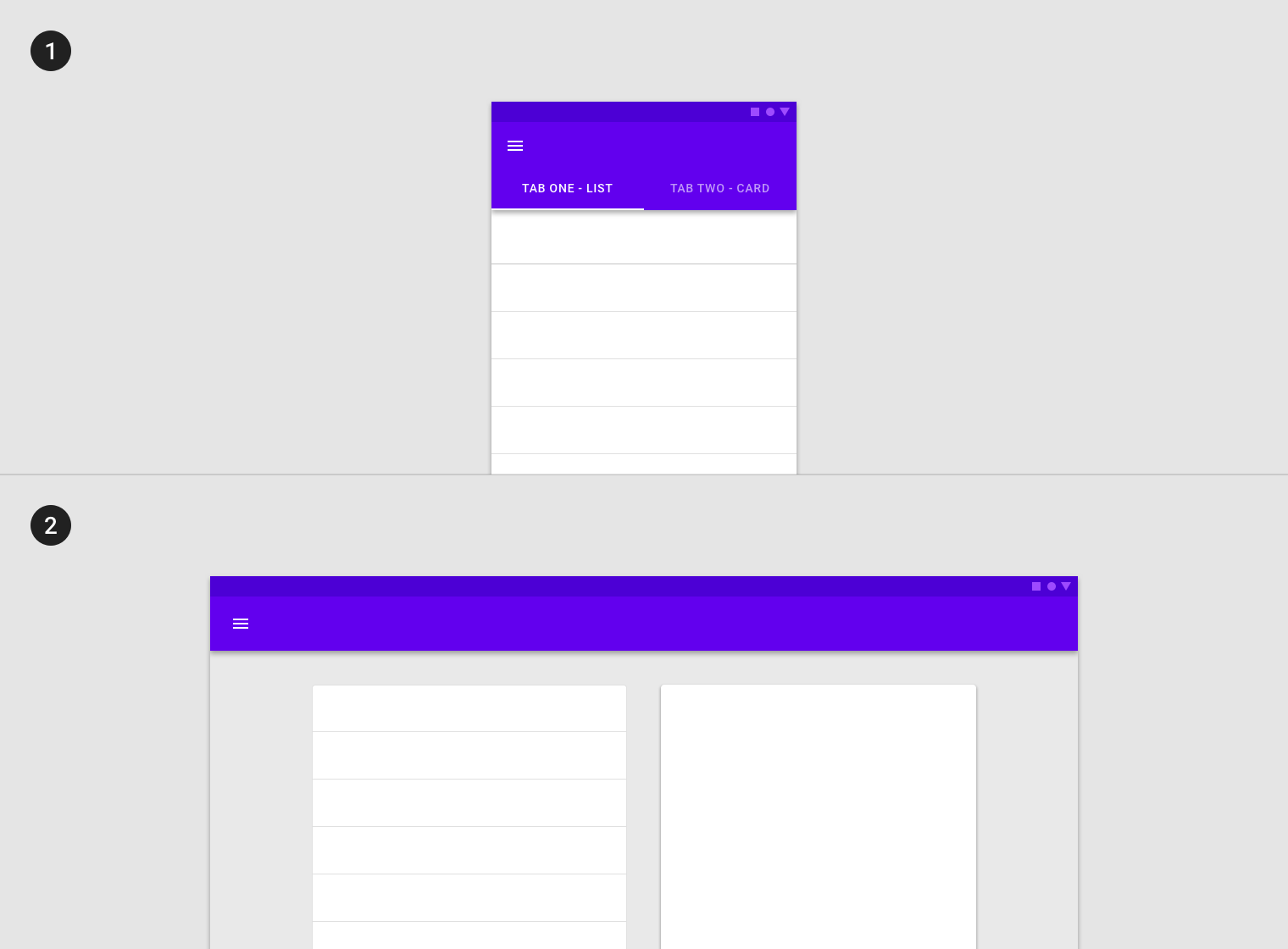 App with tabs on small screen, app with UI elements on larger screen