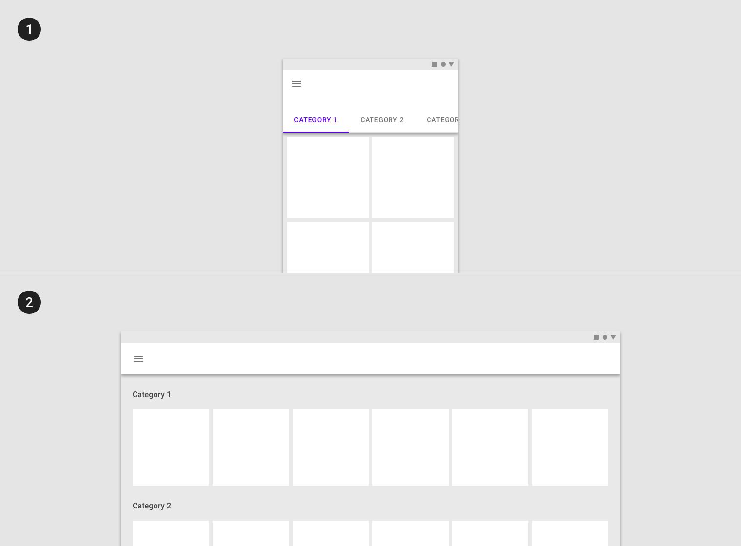 Horizontal tabs for 2 categories on small, vertical list with 2 categories on larger screen