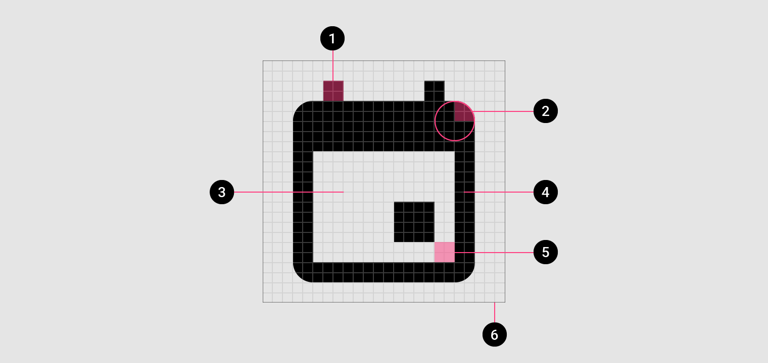 Diagram of a calendar icon on a grid highlighting the different pieces of an icon