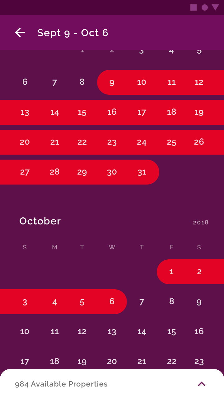 A date picker showing a range of selected dates on a month calendar