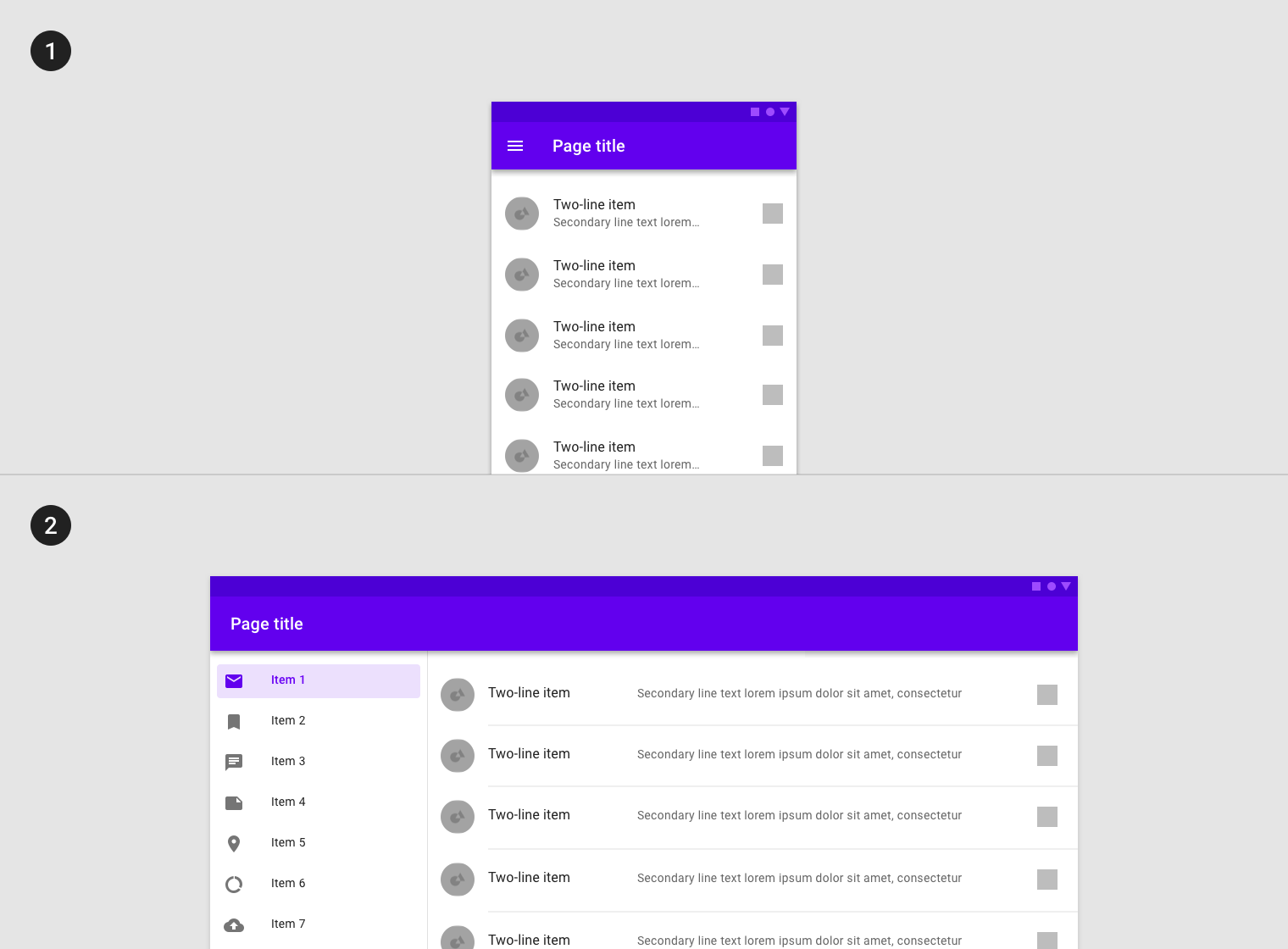 App with list items on small screen, app with side navigation and detailed list content on larger screen