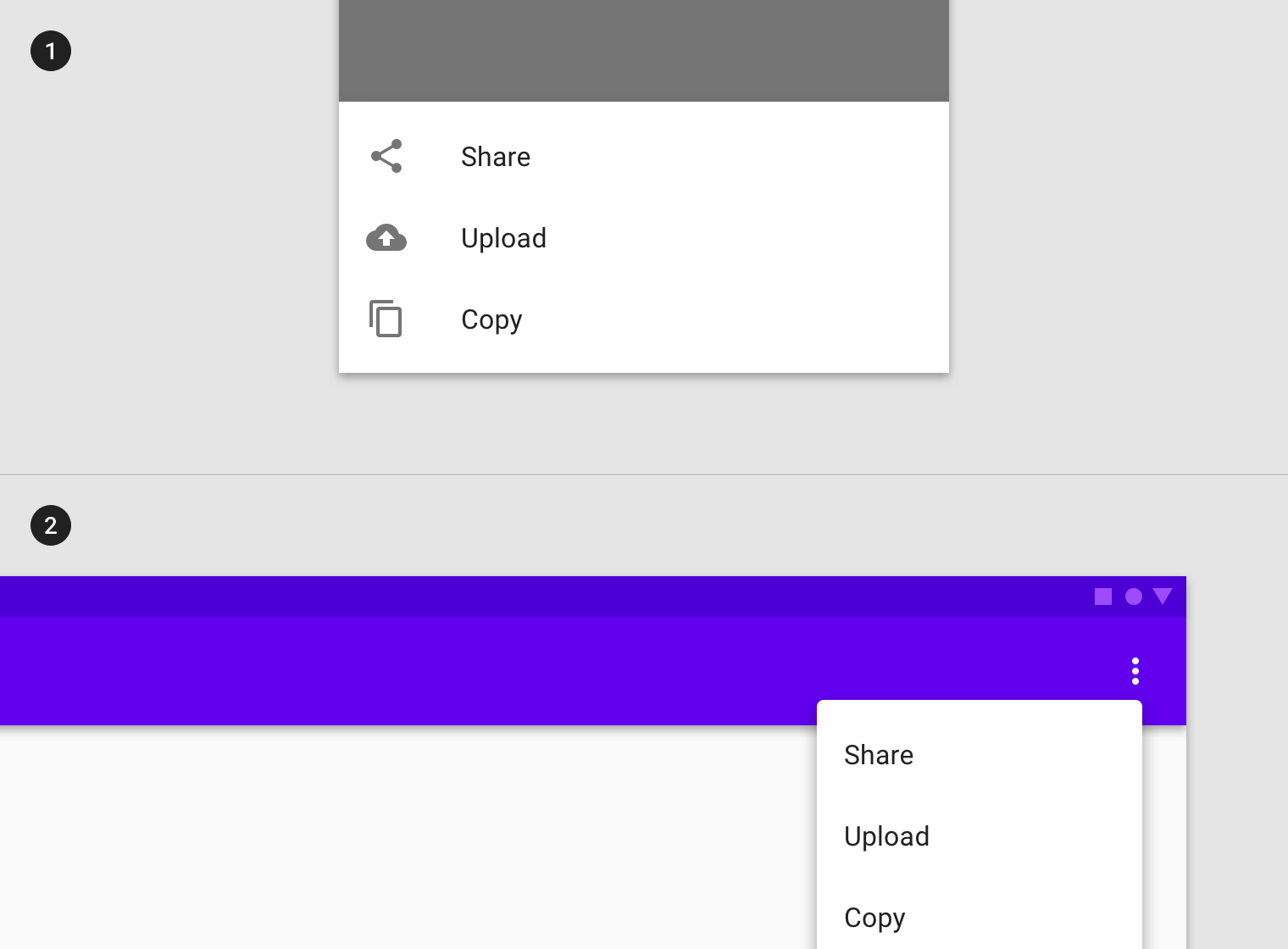 Small screen: Bottomsheet with share, upload and copy icons and text labels, Large screen: Menu with share, upload and copy