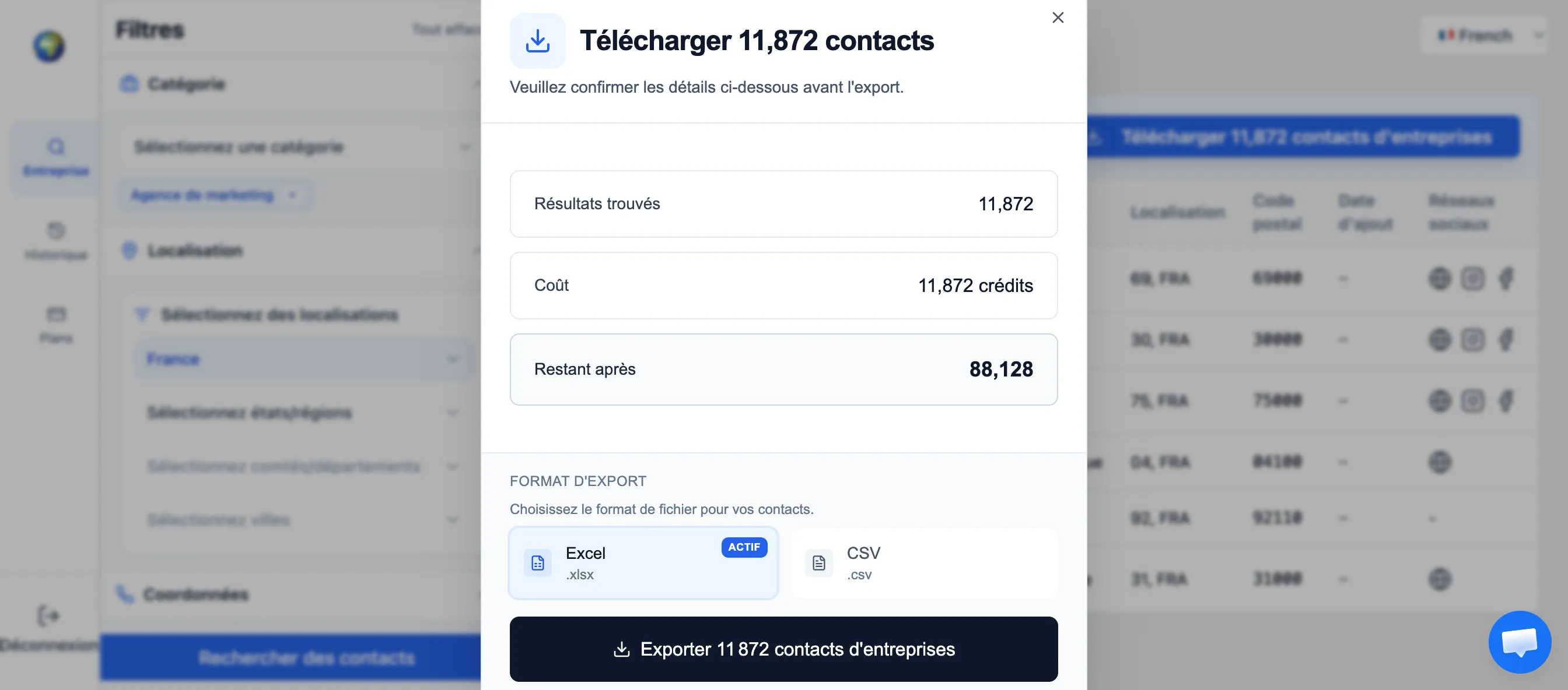 modal d export SphereScout avec les options de format Excel et CSV