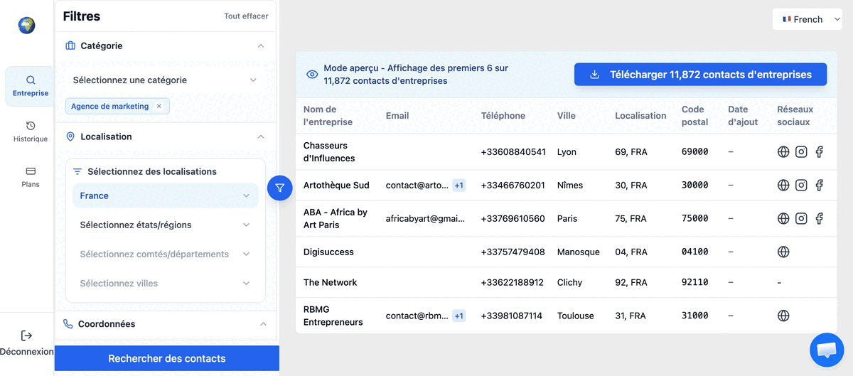 gif montrant la recherche puis l export Excel ou CSV d un fichier de prospection