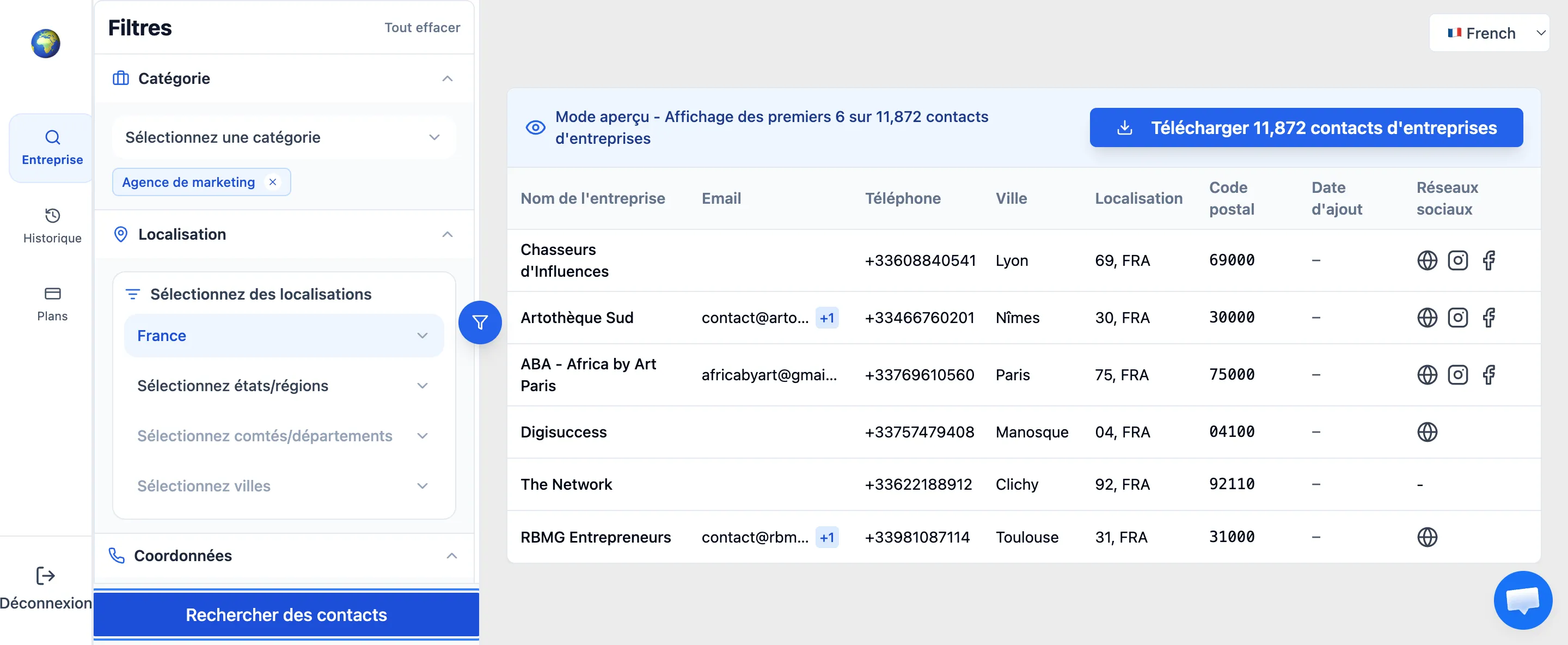 résultats SphereScout prêts à être exportés en Excel ou CSV