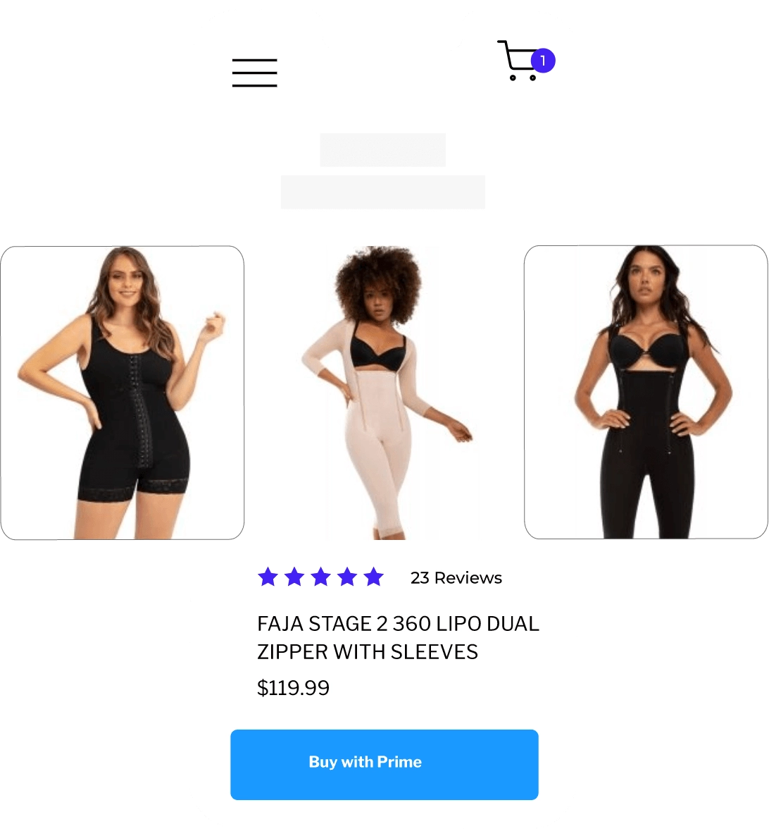 A screenshot of an ecommerce website with three products, the center product features a Buy with Prime button