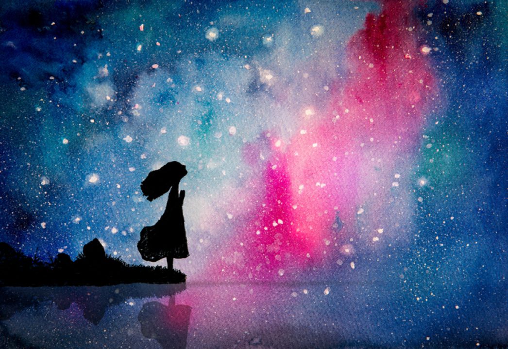 Watercolor painting of girl praying under a sky full of stars illustrates intuition.