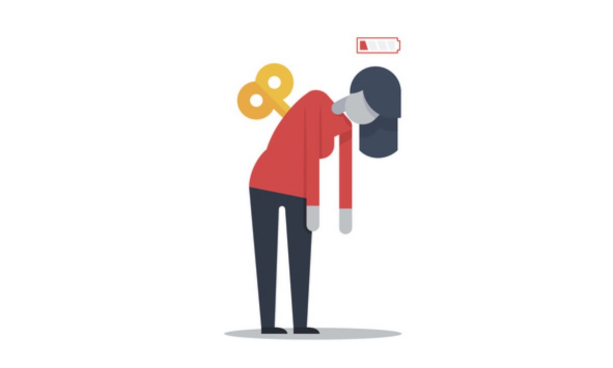 vector of woman with wind-up toy key in her back and low battery sign to signal needing rest