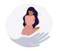 vector woman hugging self