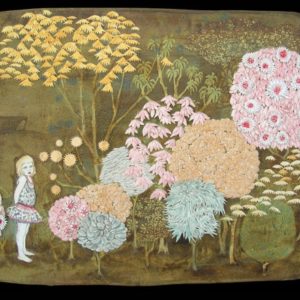 Tapestry of girl and colorful trees
