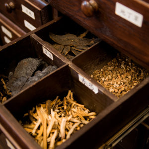A wooden chest of Chinese Herbal Medicine
