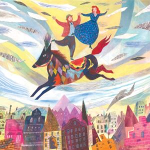 Illustration of couple dancing on colorful horse above city