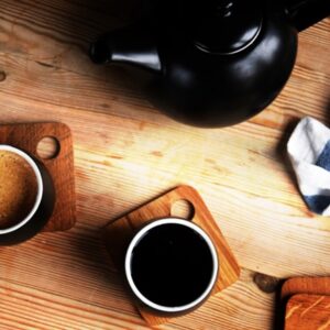 Coffee and tea on wood table