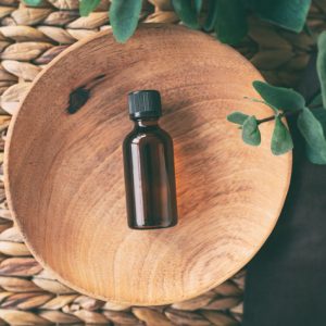 A bottle of essential oil used to treat anxiety and stress