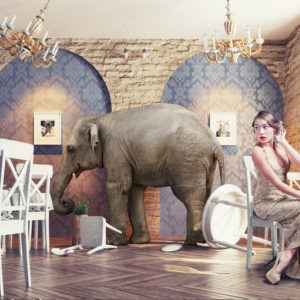 Elephant in restaurant knocking over chairs and dishes while a woman dining looks on