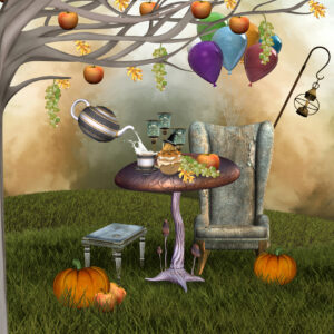 Surreal mixed-media autumnal banquet with pumpkins and fruit