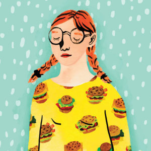 Illustration of girl with hamburger shirt