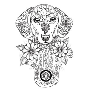 coloring book entry of dog and palm hamsa