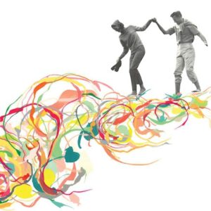 Abstract image of couple walking on colorful swirls