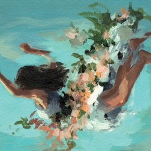 illustration of girl swimming with flowers