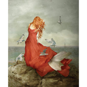 Woman with birds on water