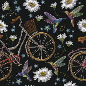 Embroidery of bicycles, chamomile flowers, and humming birds in a seamless pattern.