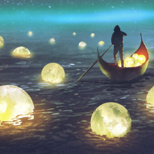 Man in a boat harvesting moons in the sea