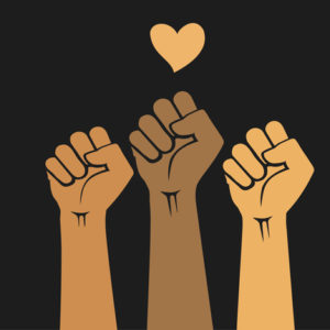 Multiracial human hands raised with clenched fists and heart shape. Protest for and civil rights, Black Lives Matter