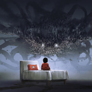 Nightmare concept illustration of a boy on a bed facing a giant monster in the dark land